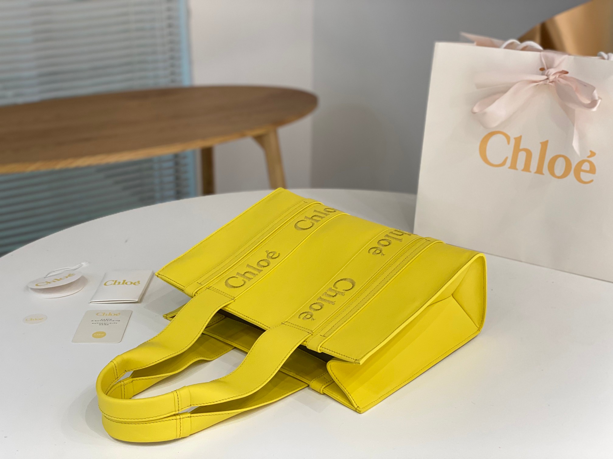 Chloe Medium Woody Tote Bag In Yellow Soft Smooth Calfskin Leather